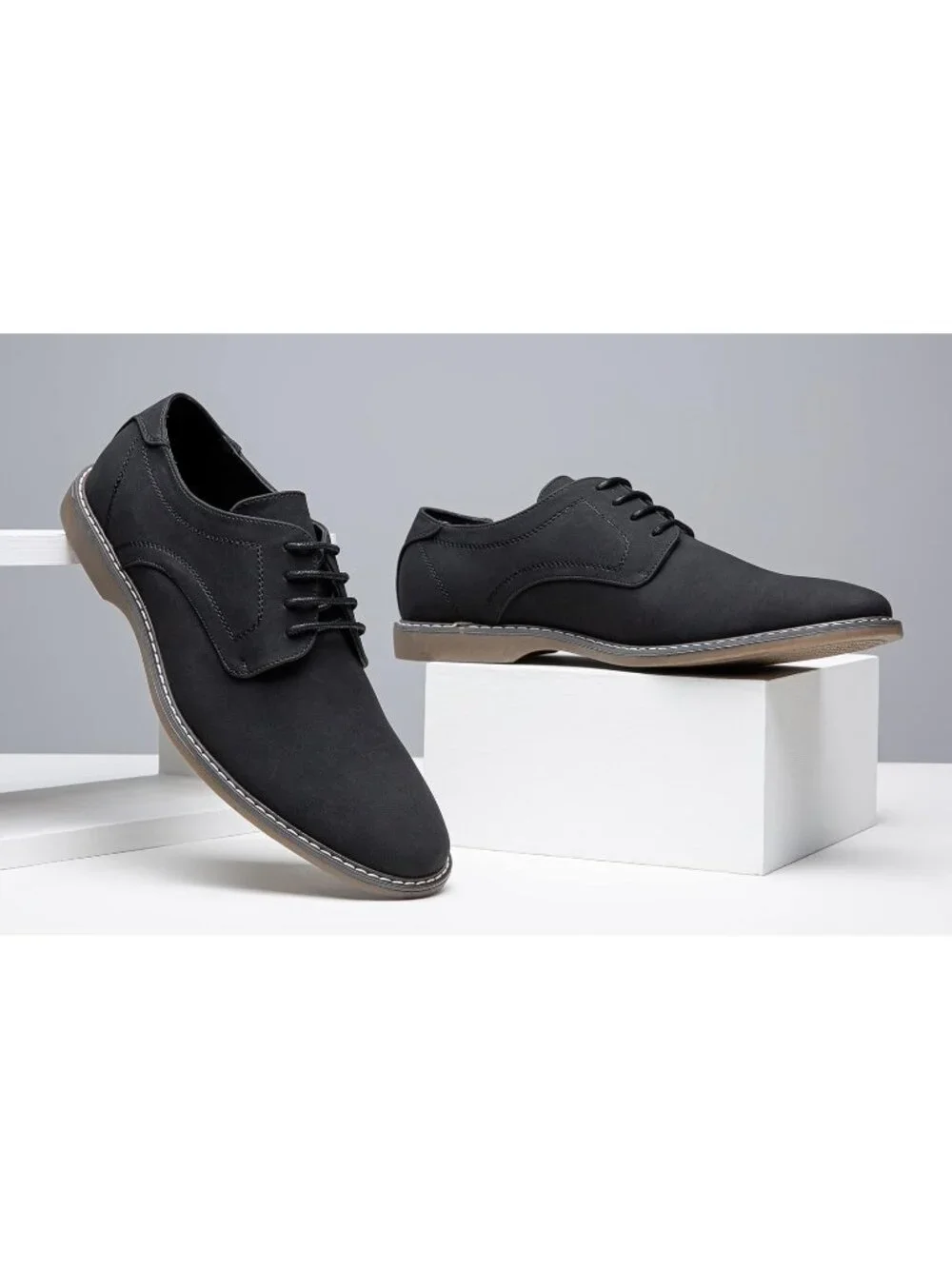 Men's Dark Black Faux Leather Casual Dress Shoes Retro Business Classic